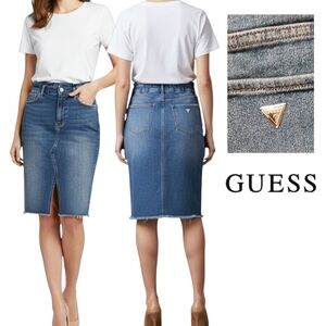 GUESS Women's Classic Blue Denim Distressed Pencil Skirt -Size Lg $98 Retail EUC